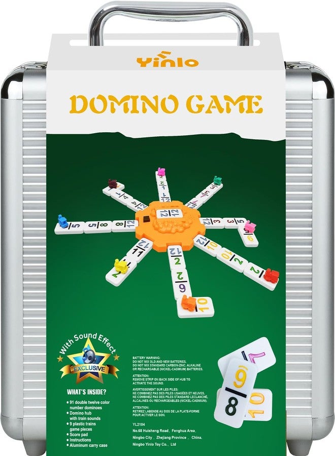 Yinlo Mexican Train Dominoes Set，Double 12 Dominoes with Train Sound Effect, Portable Travel Games, 91 Tiles Colored Number Domino Game Set with Aluminum Case, Ideal Gift - Image 1
